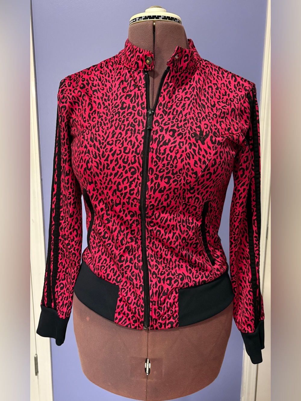 Adidas Pink Leopard Print Track Jacket Zip Up Big Trefoil Logo Size M